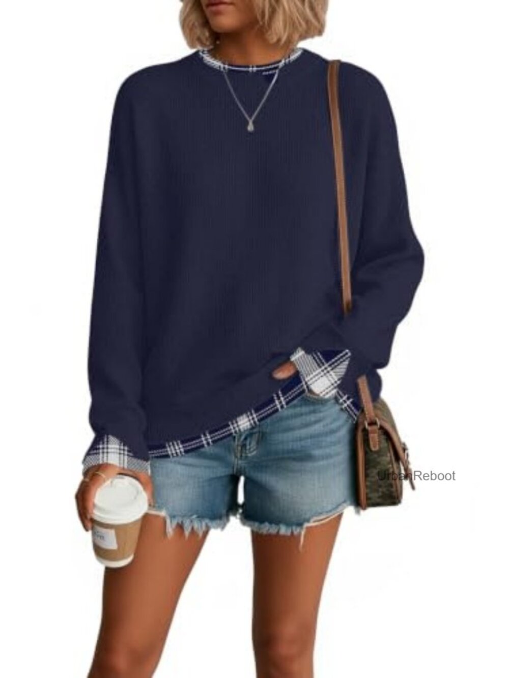 Oversized Cut-Out Crew Neck Pullover Sweater Ribbed Knit Patchwork - Picture 5 of 5